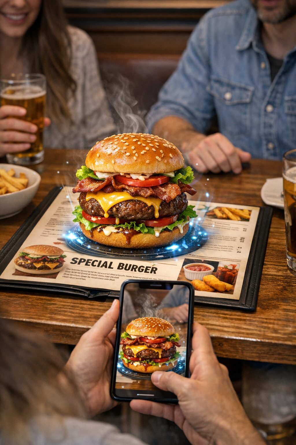 Burger SPECIAL pe meniu vs. în AR pe ecranul telefonului — comparație vizuală
