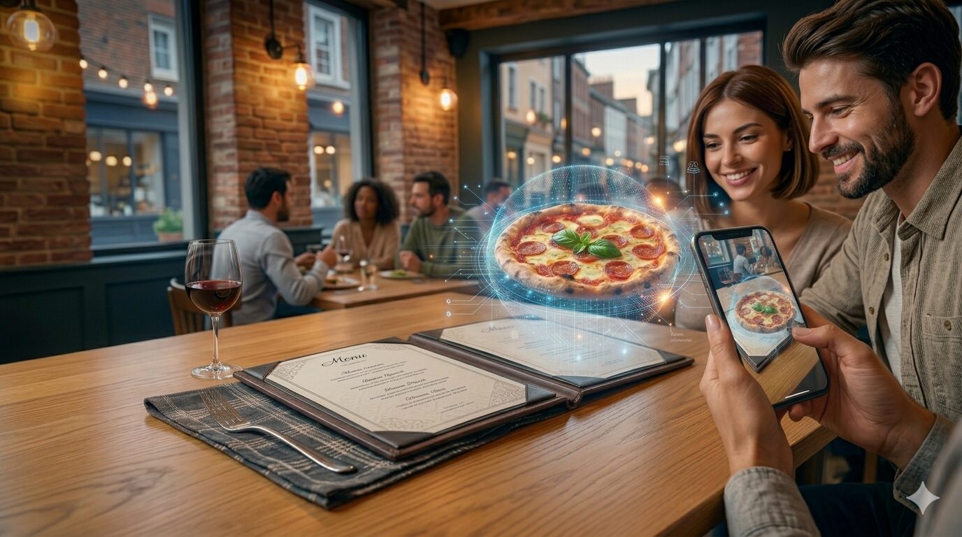 Cuplu la masă scanând codul QR Foodar — pizza apare în AR deasupra meniului