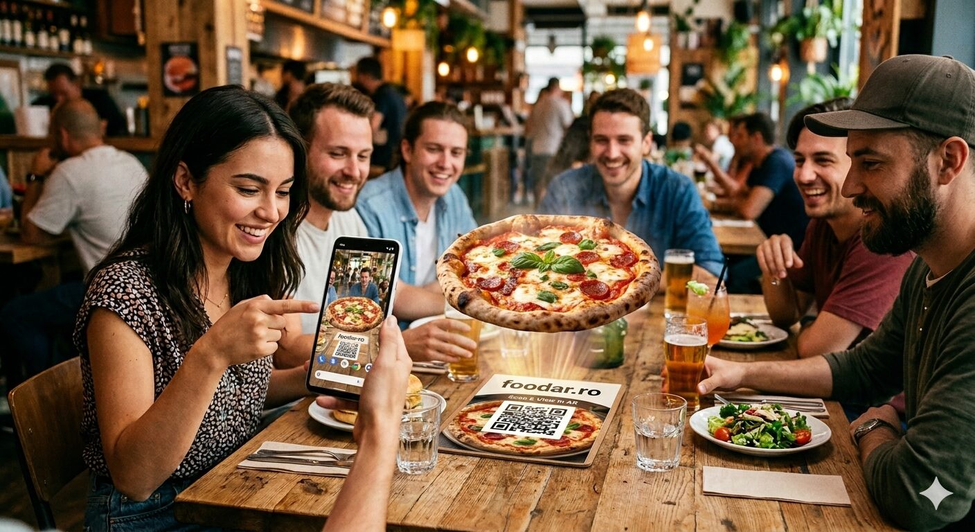 Clienți la masă scanând codul QR Foodar — pizza apare în AR la scară reală pe blat