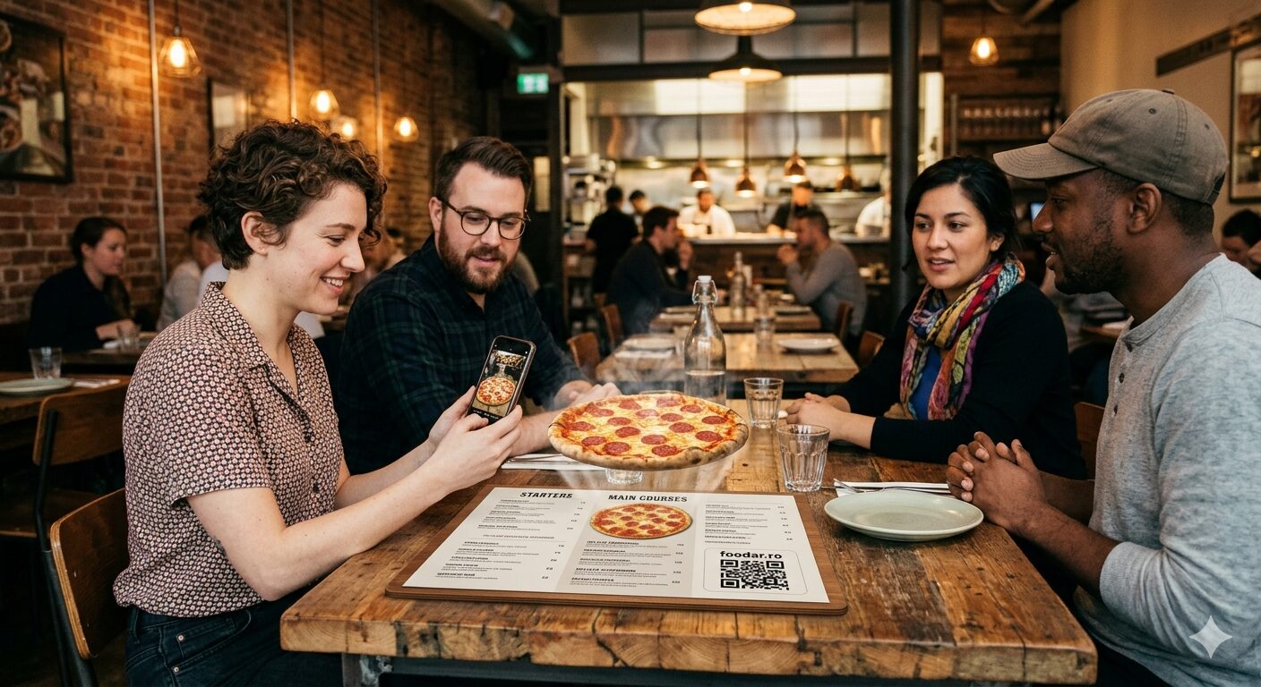 Patru clienți la masă într-un restaurant industrial — pizza Foodar plutind în AR pe blat